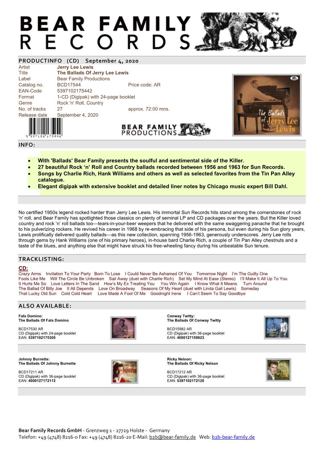 Bear Family Records Sales Sheet