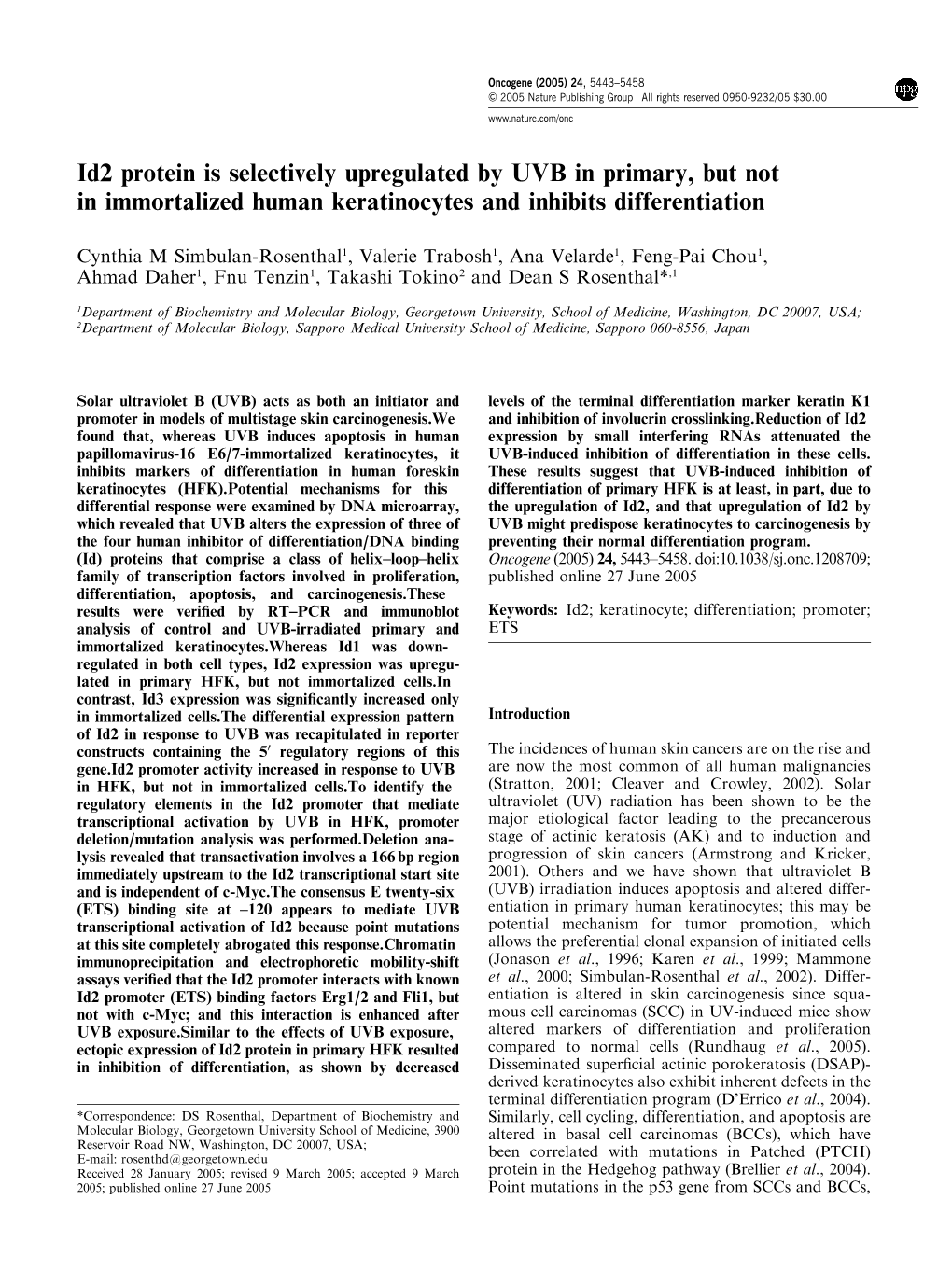 Id2 Protein Is Selectively Upregulated by UVB in Primary, but Not in Immortalized Human Keratinocytes and Inhibits Differentiation