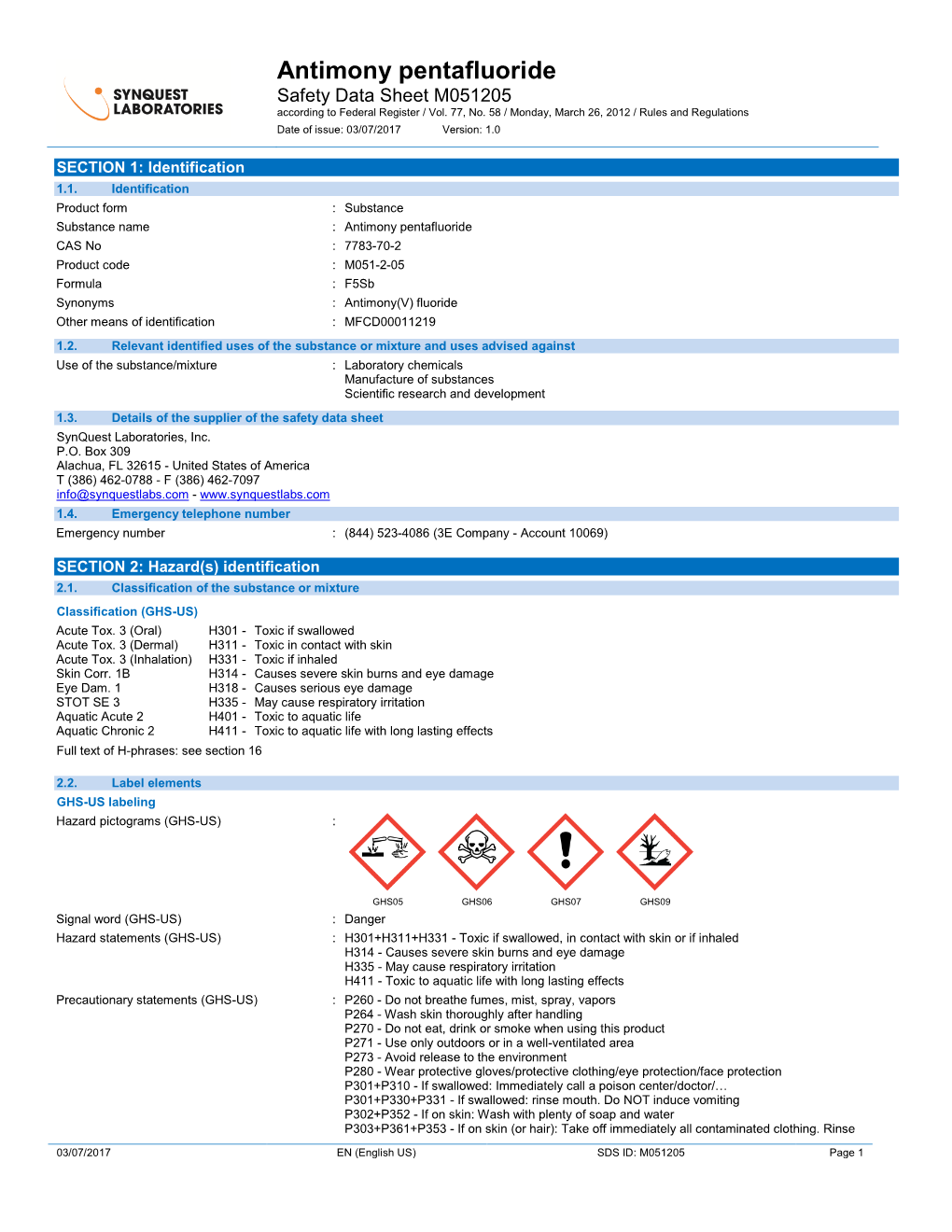 Antimony Pentafluoride Safety Data Sheet M051205 According to Federal Register / Vol