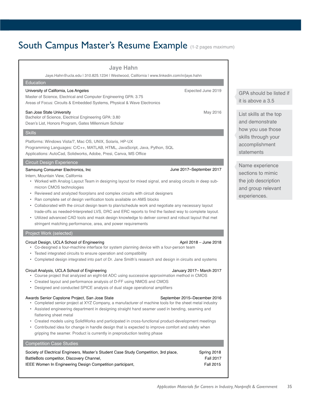 South Campus Master's Resume Example