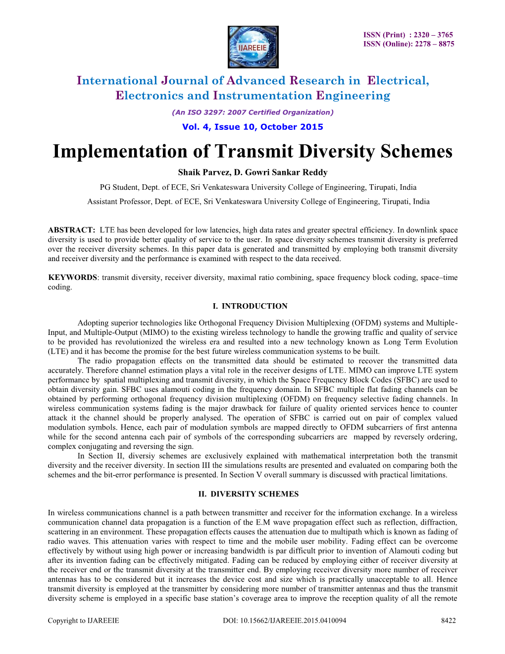 Implementation of Transmit Diversity Schemes Shaik Parvez, D