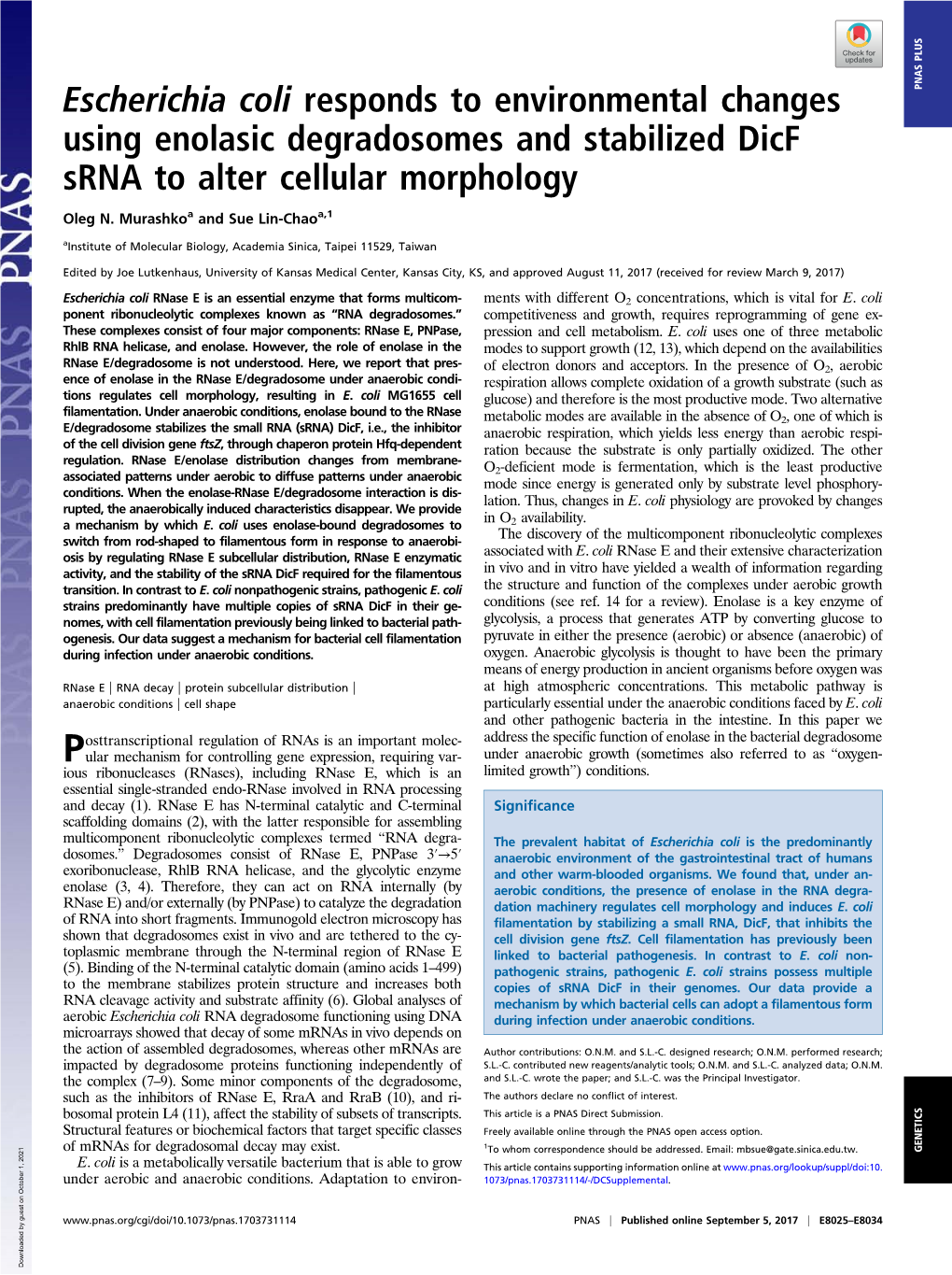 Escherichia Coli Responds to Environmental Changes Using