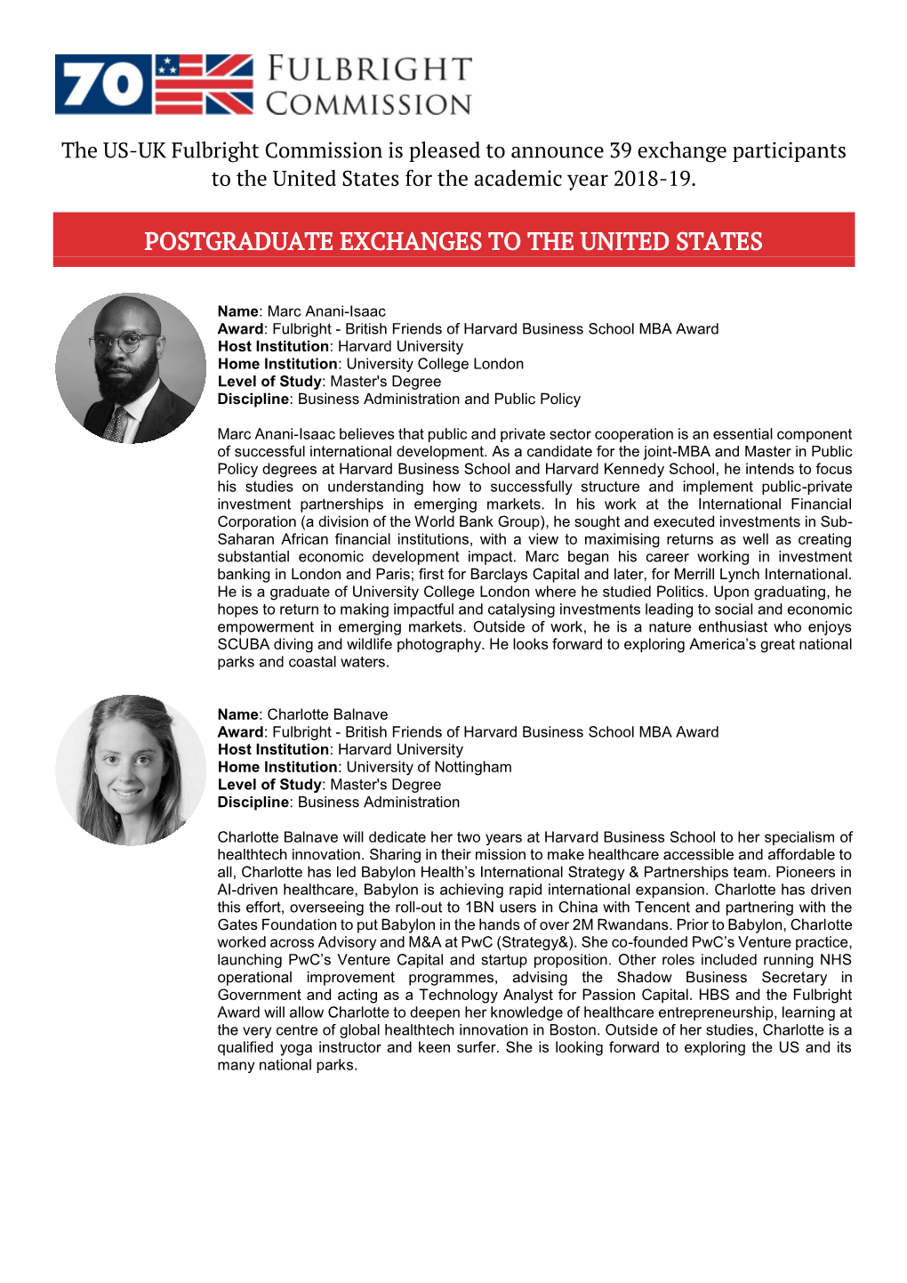 Postgraduate Exchanges to the United States