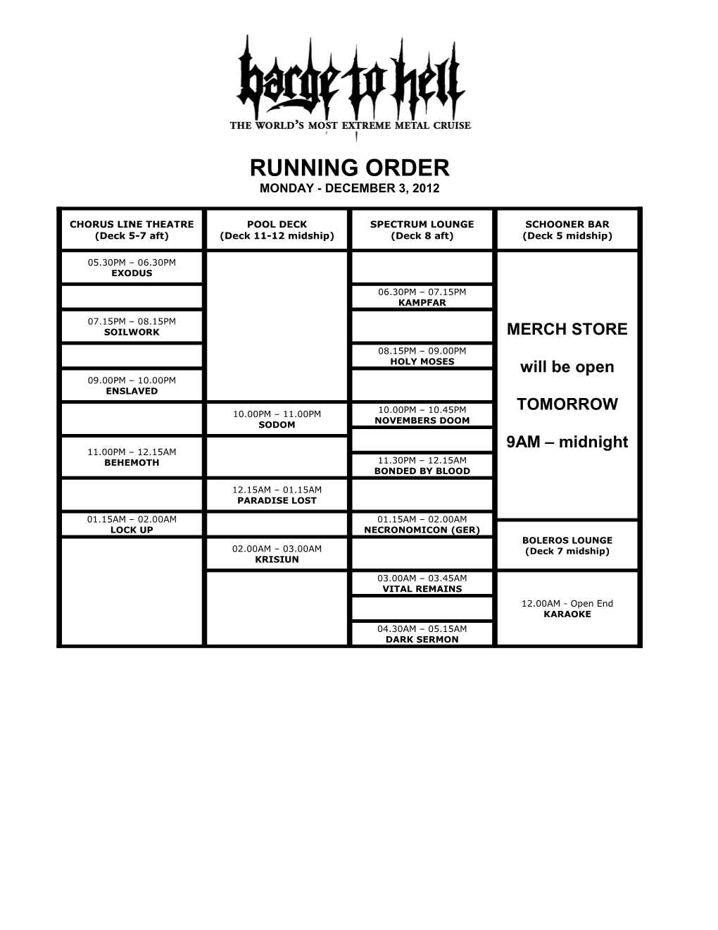 Running Order Monday - December 3, 2012