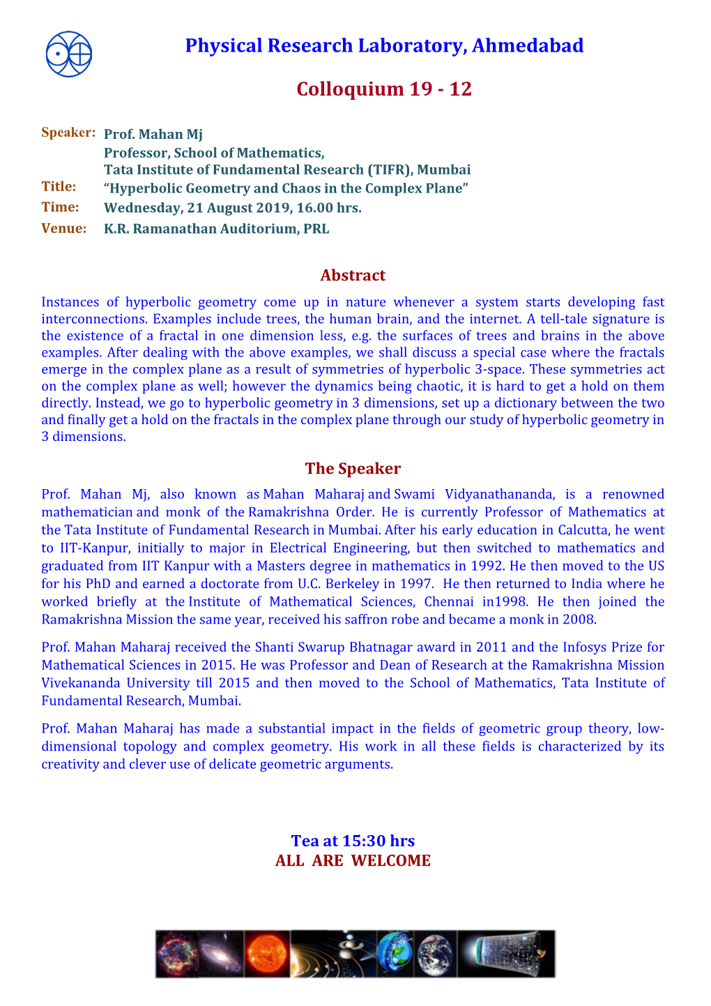 Physical Research Laboratory, Ahmedabad Colloquium 19