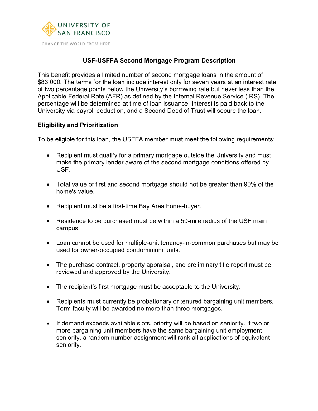 USFFA Second Mortgage Program Description