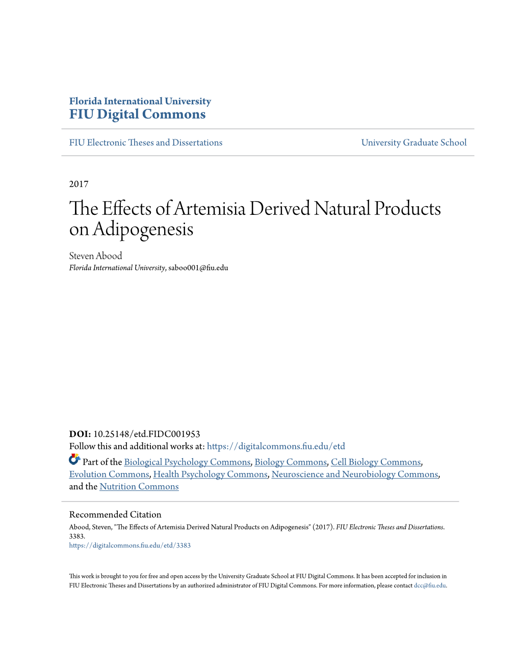 The Effects of Artemisia Derived Natural Products on Adipogenesis" (2017)