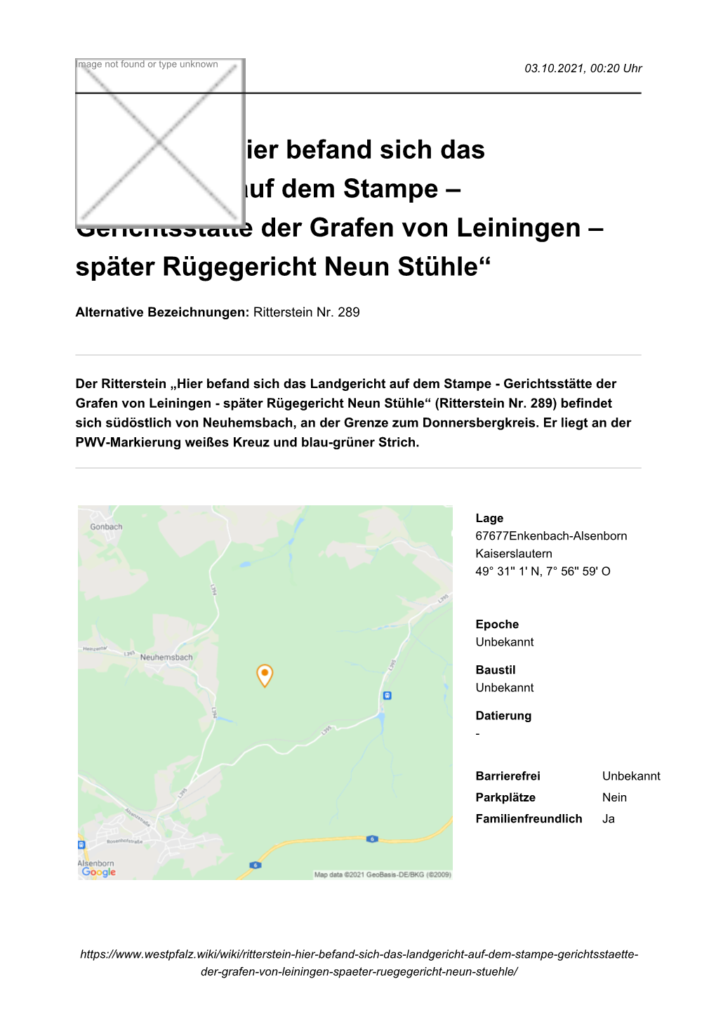 Ritterstein „Hier Befand Sich Das Landgericht Auf Dem Stampe – Gerichtsstätte Der Grafen Von Leiningen – Später Rügegericht Neun Stühle“