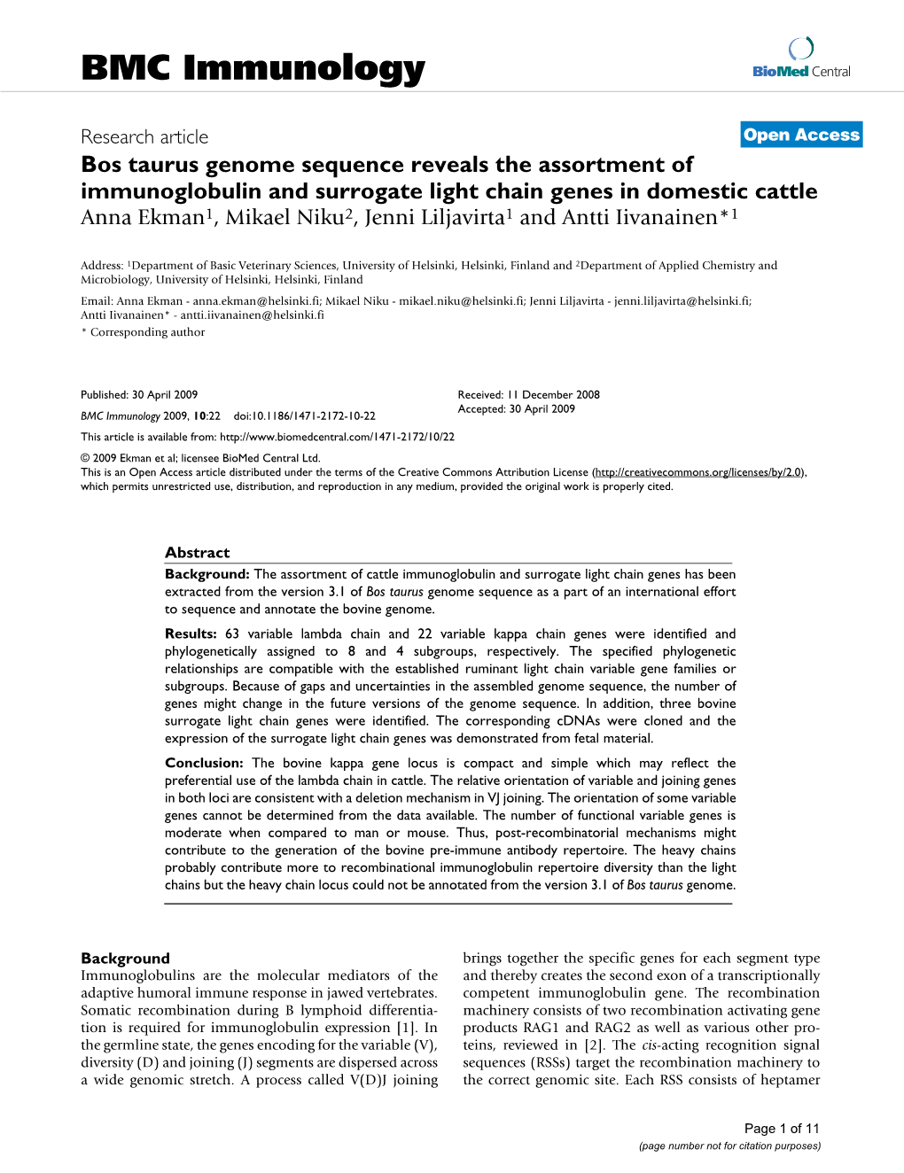 Bos Taurus Genome Sequence Reveals the Assortment of Immunoglobulin