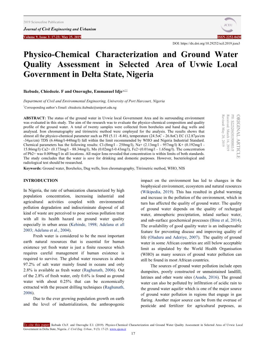 Physico-Chemical Characterization and Ground Water Quality Assessment in Selected Area of Uvwie Local Government in Delta State, Nigeria