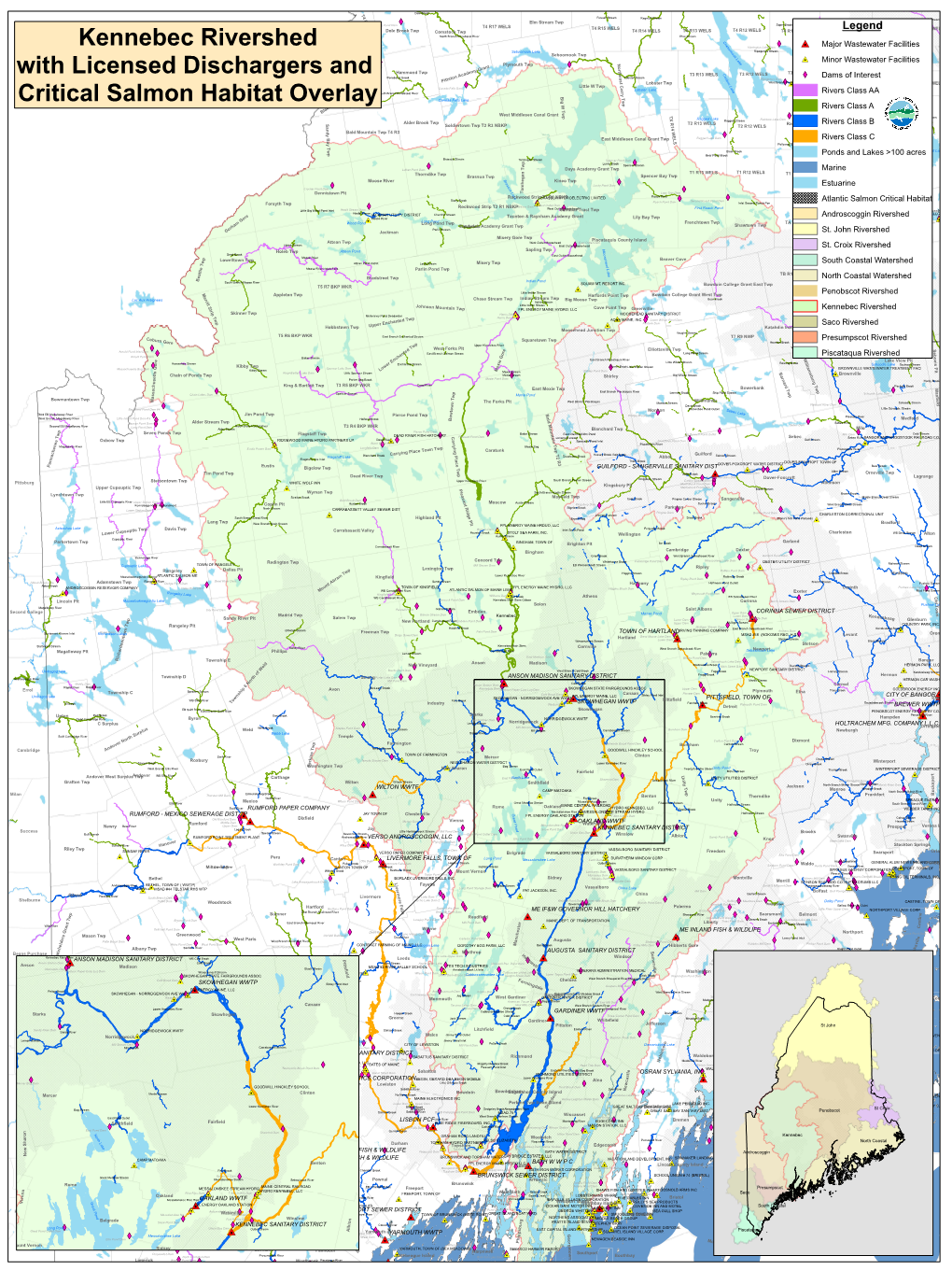 Kennebec Rivershed with Licensed Dischargers and Critical Salmon