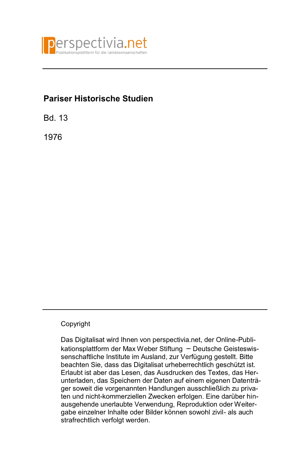 Pariser Historische Studien Bd. 13 1976