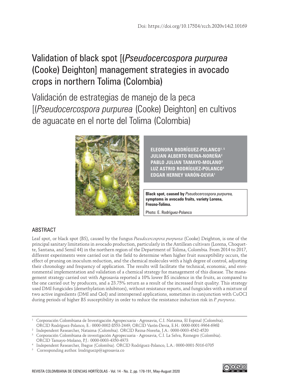 [(Pseudocercospora Purpurea (Cooke) Deighton] Management Strategies in Avocado Crops in Northern Tolima