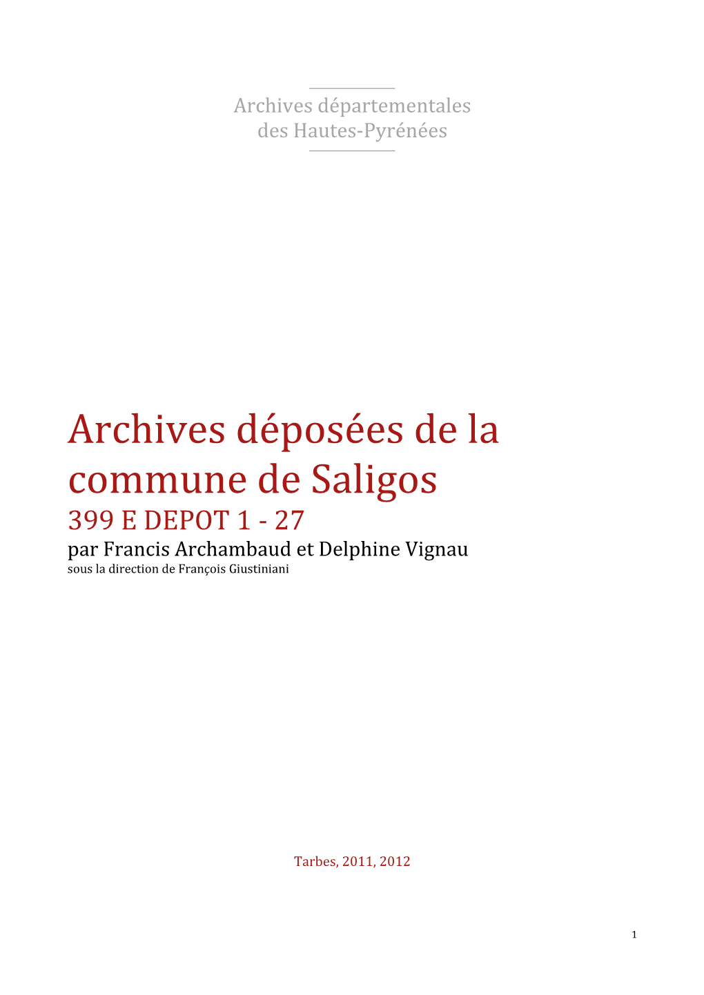 Répertoire Des Archives Déposées De Saligos