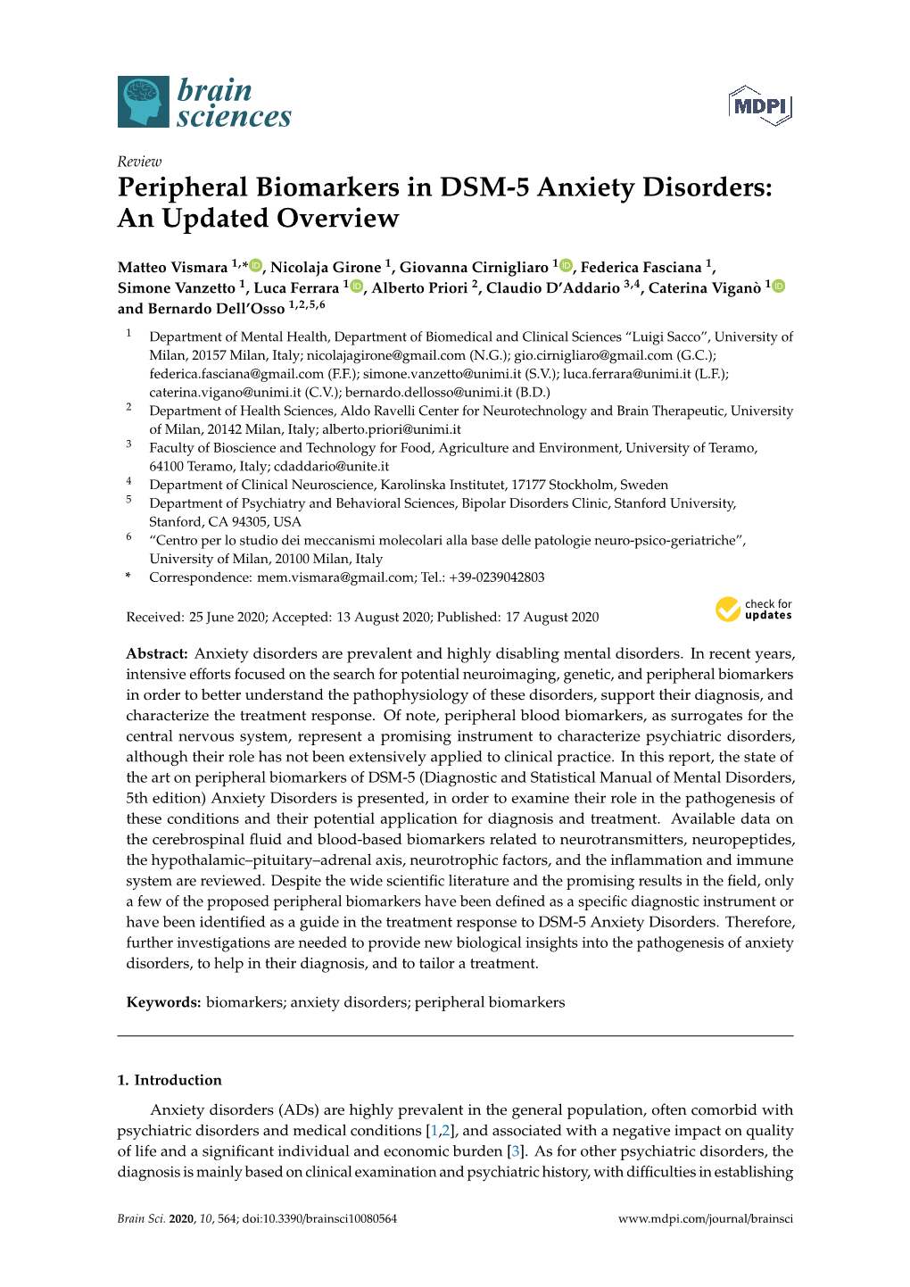 Peripheral Biomarkers in DSM-5 Anxiety Disorders: an Updated Overview
