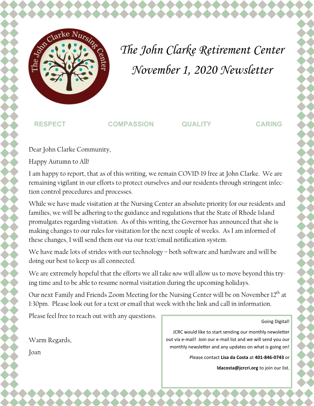 The John Clarke Retirement Center November 1, 2020 Newsletter