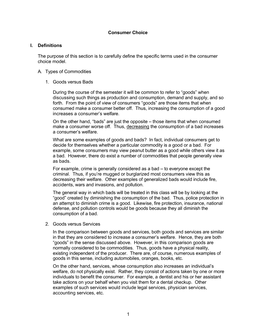 1 Consumer Choice I. Definitions the Purpose of This Section Is to Carefully Define the Specific Terms Used in the Consumer Choi