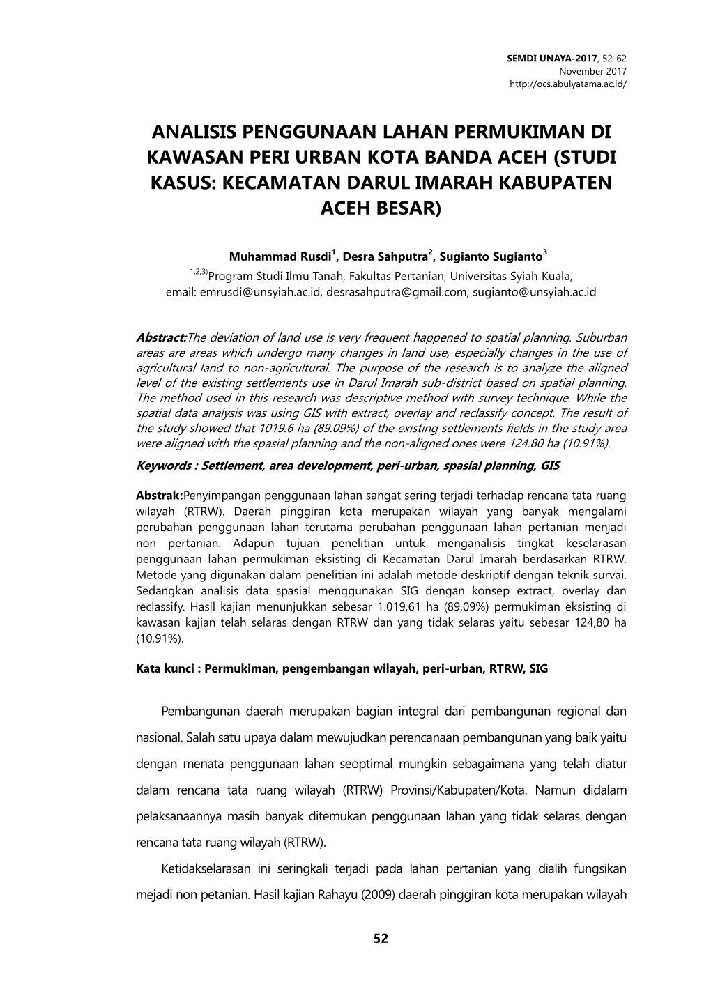 Analisis Penggunaan Lahan Permukiman Di Kawasan Peri Urban Kota Banda Aceh (Studi Kasus: Kecamatan Darul Imarah Kabupaten Aceh Besar)