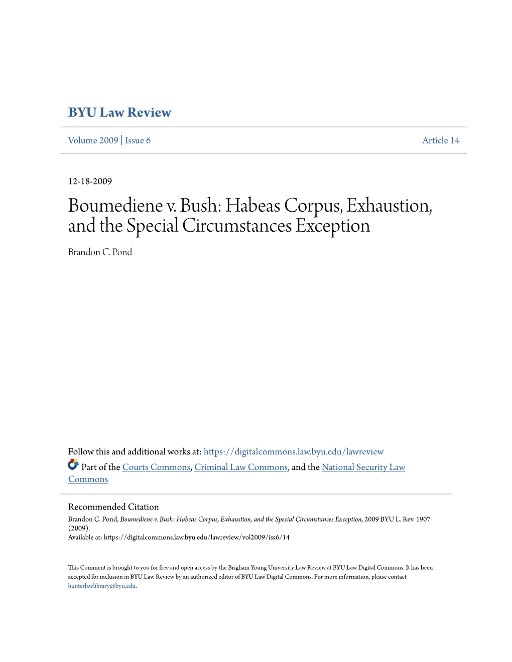 Habeas Corpus, Exhaustion, and the Special Circumstances Exception Brandon C