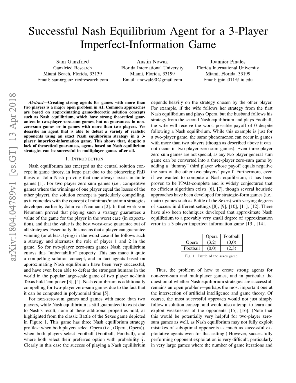 Successful Nash Equilibrium Agent for a 3-Player Imperfect