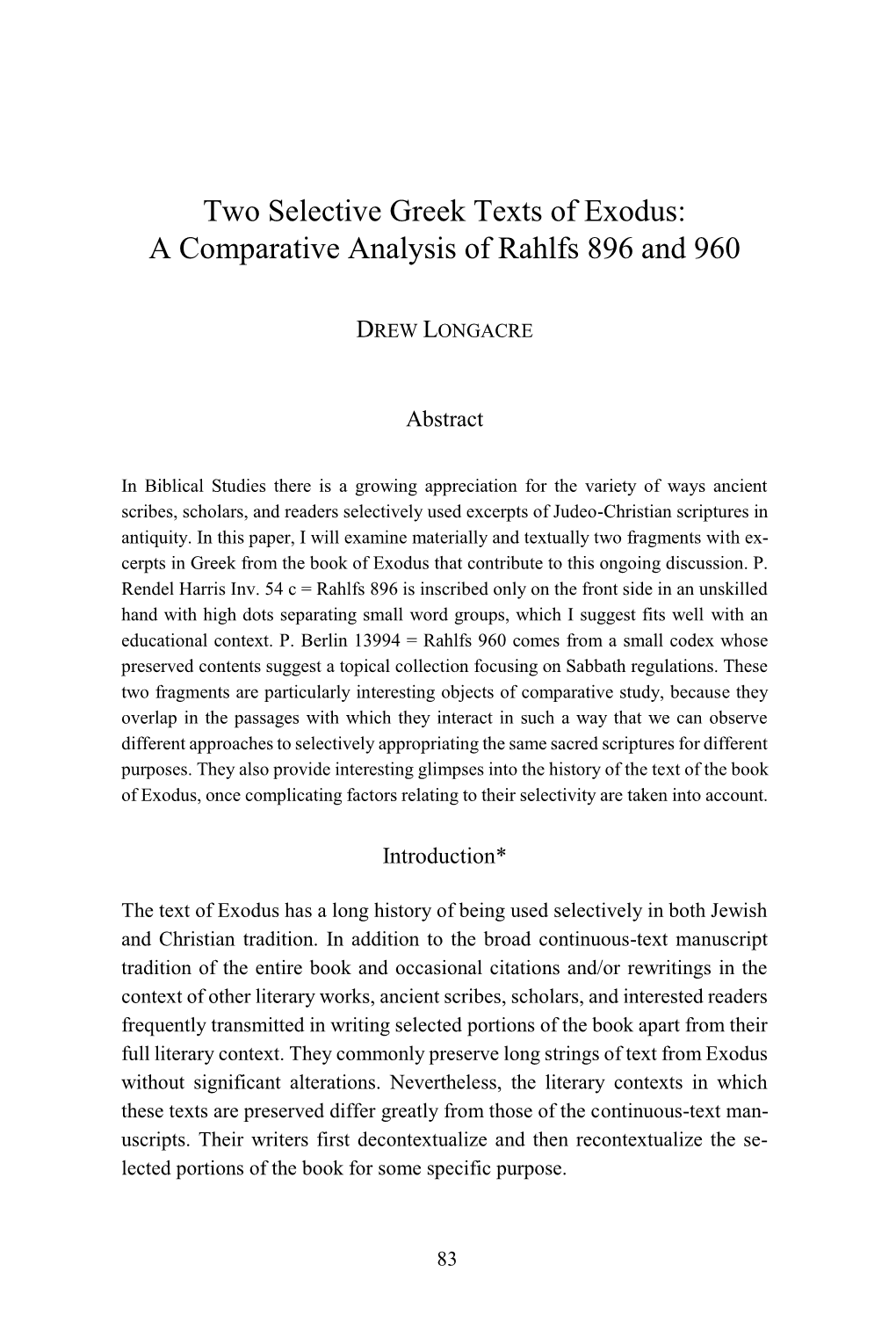 Two Selective Greek Texts of Exodus: a Comparative Analysis of Rahlfs 896 and 960