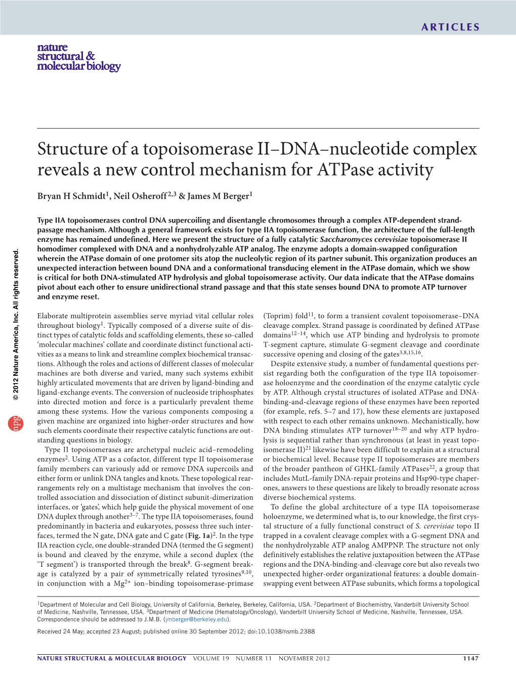 Structure of a Topoisomerase II–DNA–Nucleotide Complex Reveals a New Control Mechanism for Atpase Activity