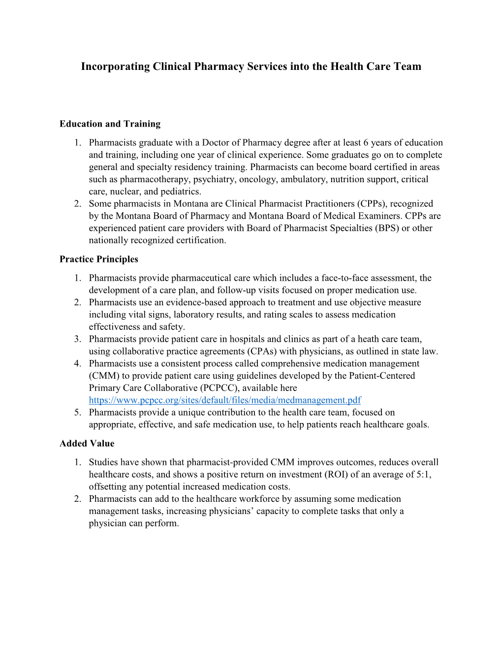 Incorporating Clinical Pharmacy Services Into the Health Care Team