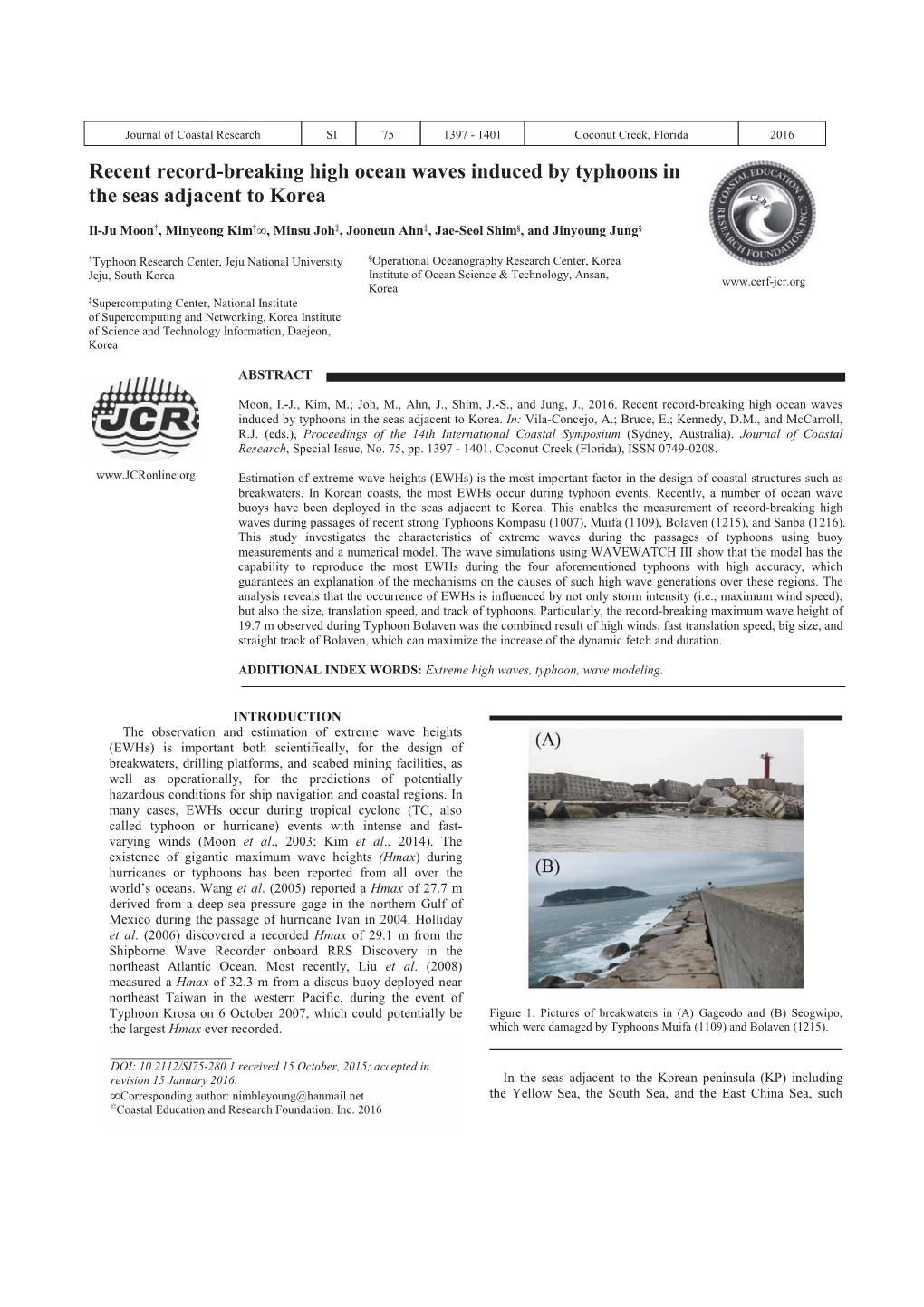 Recent Record-Breaking High Ocean Waves Induced by Typhoons in the Seas Adjacent to Korea