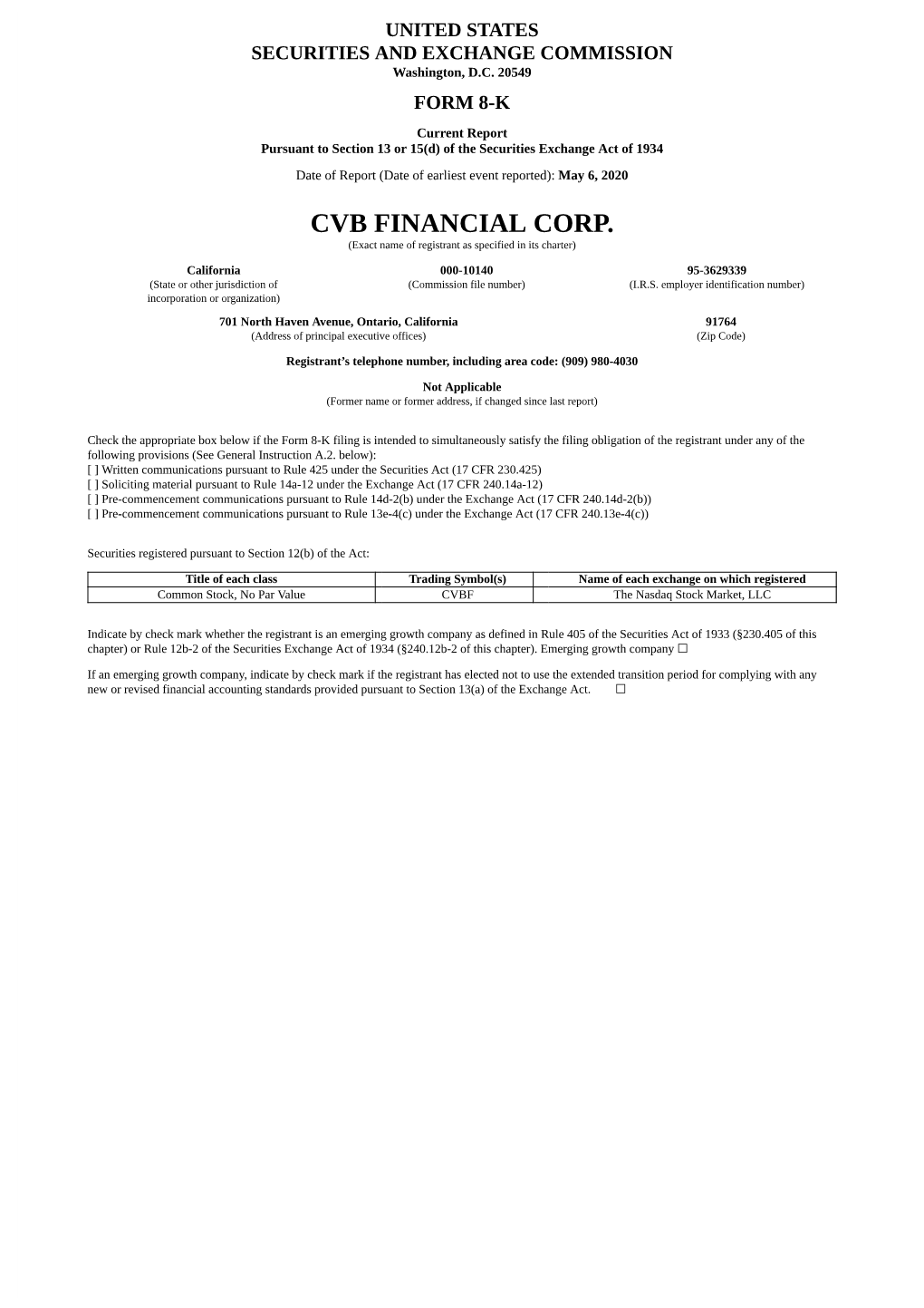 CVB FINANCIAL CORP. (Exact Name of Registrant As Specified in Its Charter)