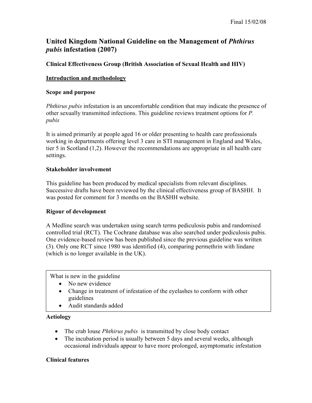 Management of Phthirus Pubis Infestation (2007)