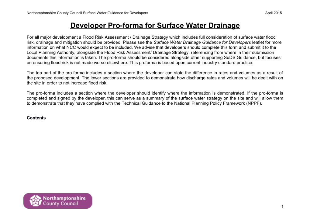 Developer Pro-Forma for Surface Water Drainage