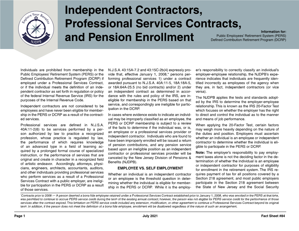 Independent Contractors, Professional Services Contracts, and Pension