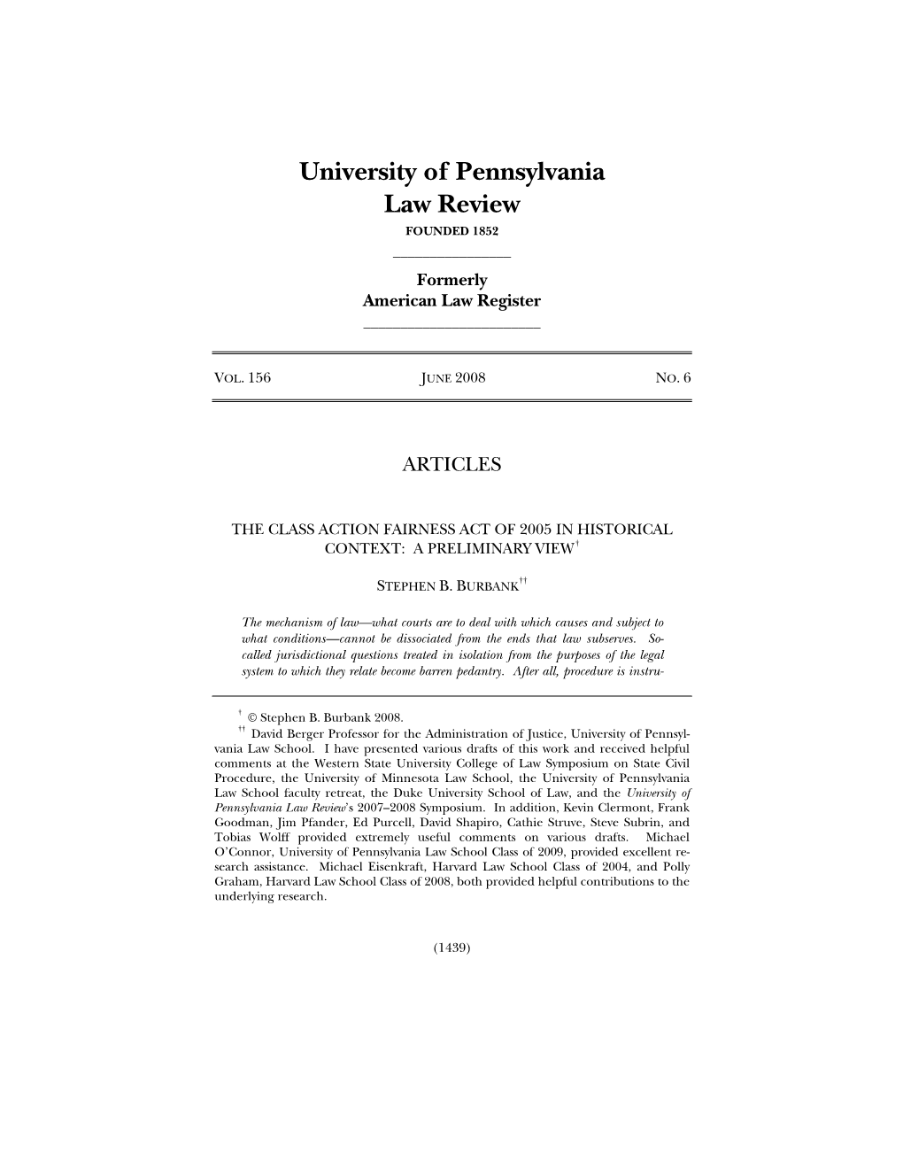 The Class Action Fairness Act of 2005 in Historical Context: a Preliminary View †