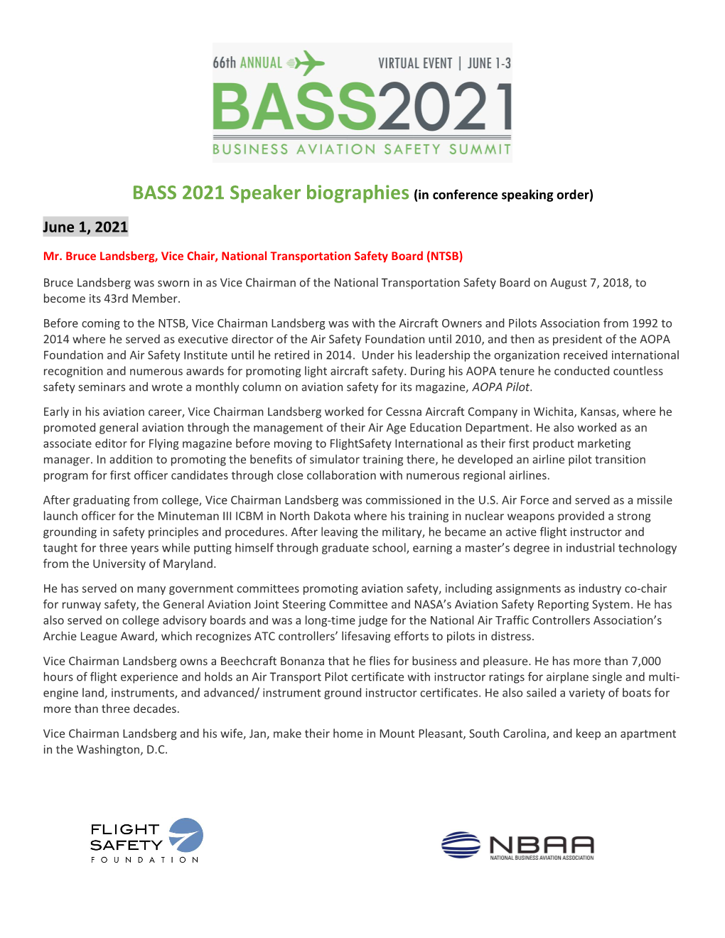 BASS 2021 Speaker Biographies (In Conference Speaking Order) June 1, 2021