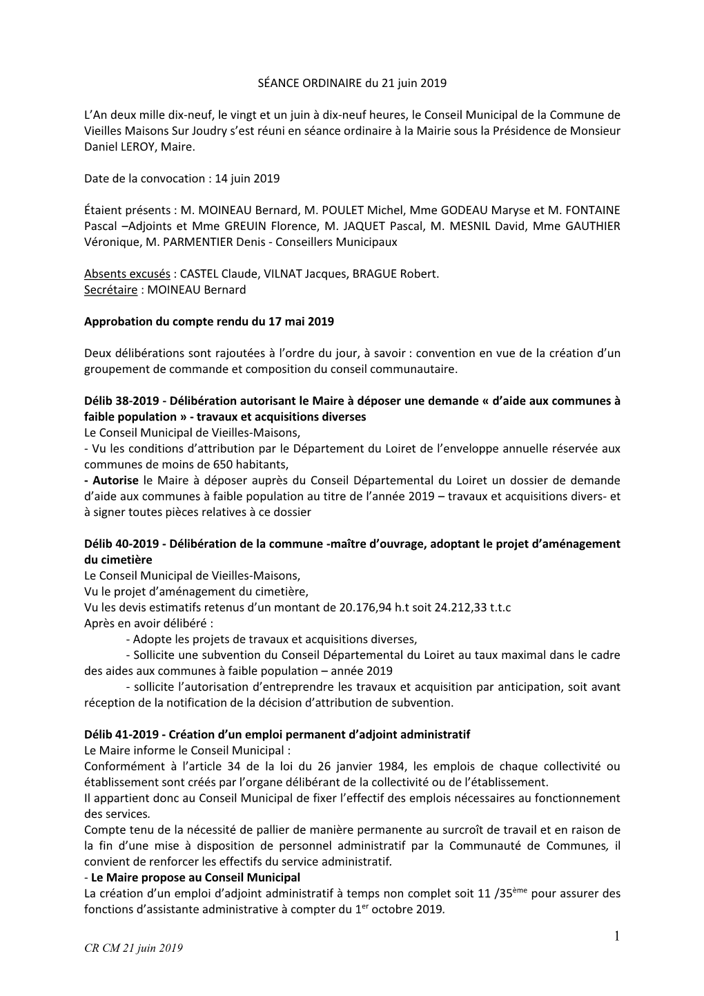 Conseil Municipal Du 21 Juin 2019