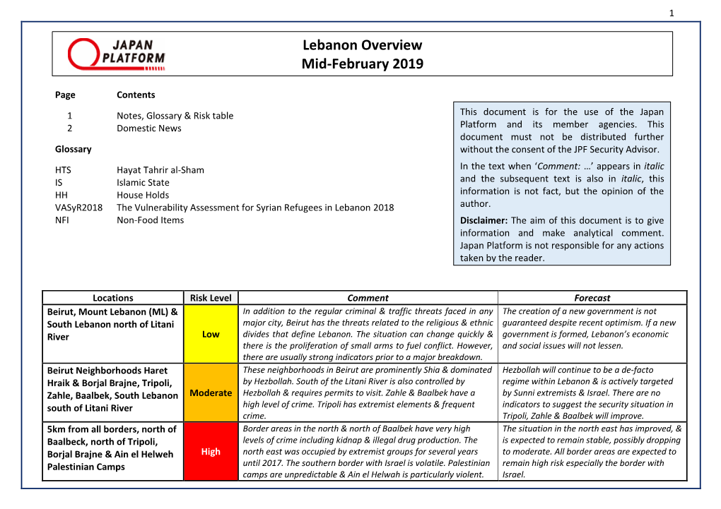 Lebanon Overview Mid-February 2019