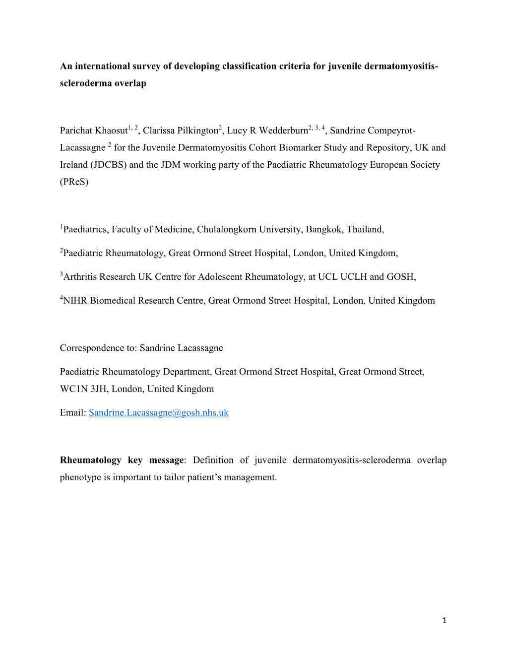 An International Survey of Developing Classification Criteria for Juvenile Dermatomyositis- Scleroderma Overlap