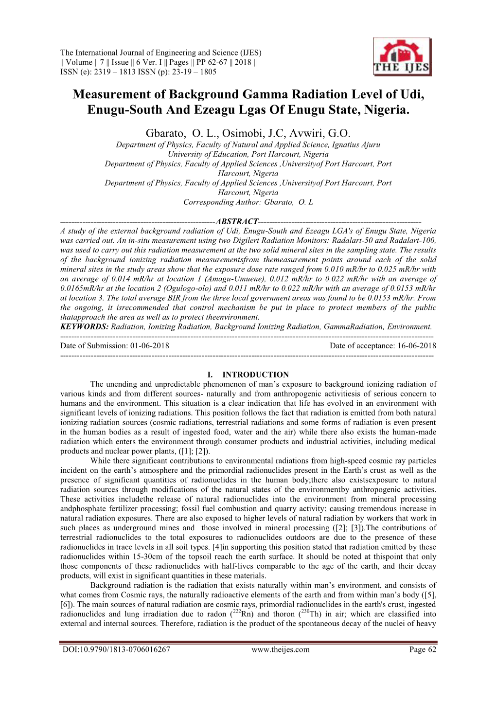 Measurement of Background Gamma Radiation Level of Udi, Enugu-South and Ezeagu Lgas of Enugu State, Nigeria