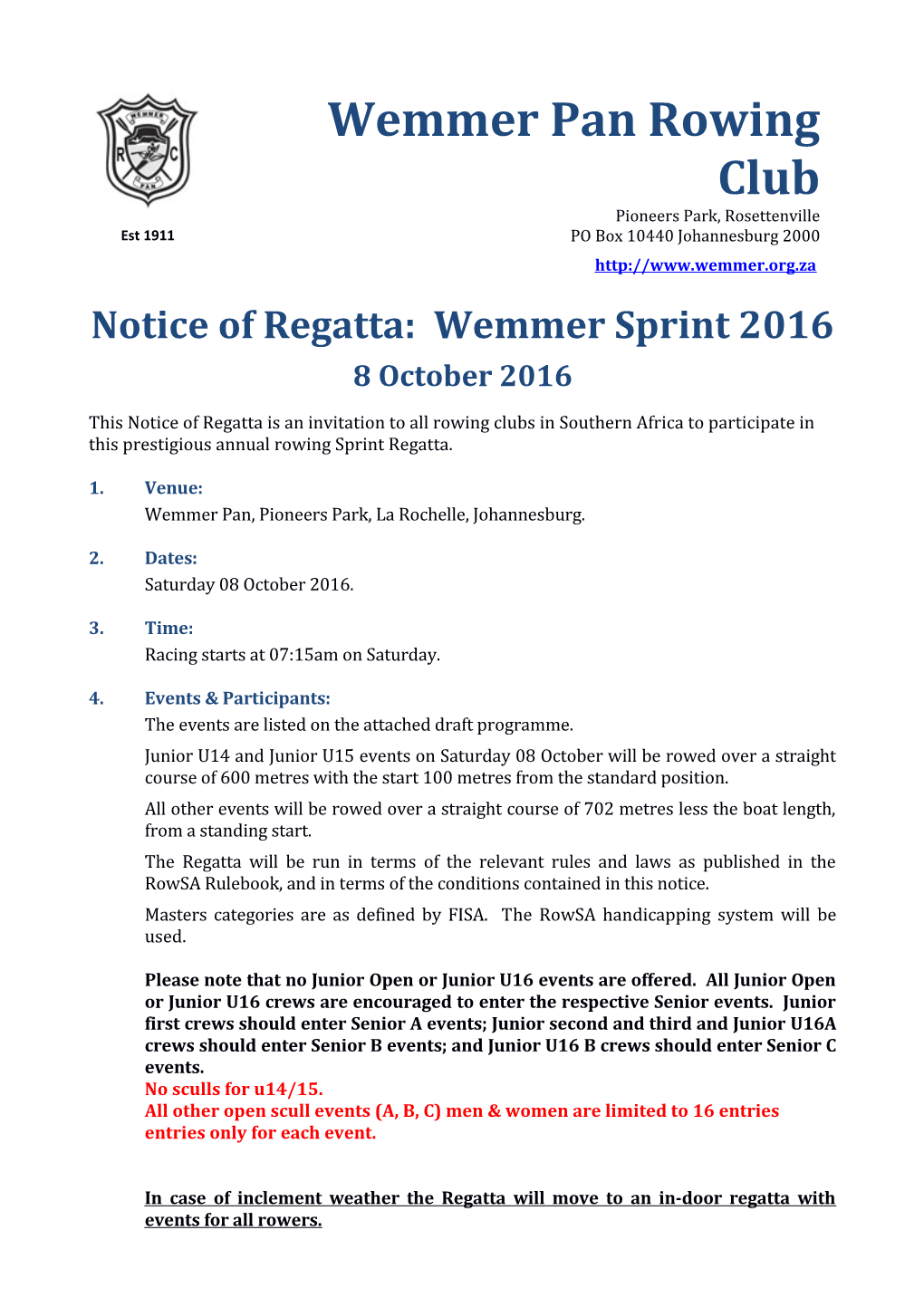 Notice of Regatta: Wemmer Sprint 2016