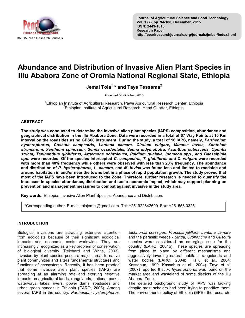 Abundance and Distribution of Invasive Alien Plant Species in Illu Ababora Zone of Oromia National Regional State, Ethiopia