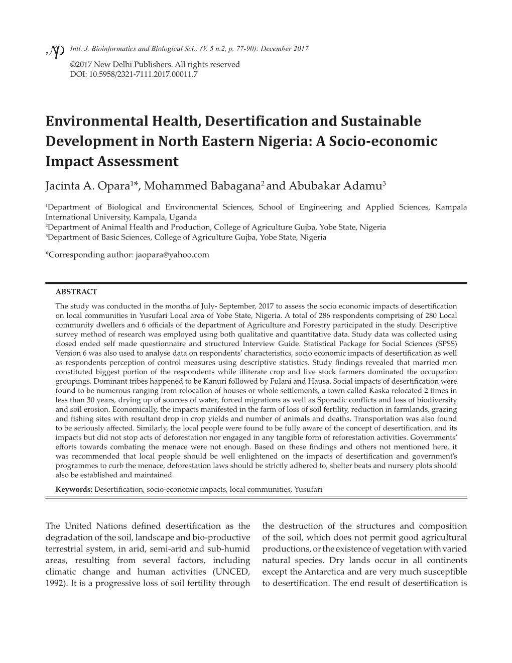 Environmental Health, Desertification and Sustainable Development in North Eastern Nigeria: a Socio-Economic Impact Assessment Jacinta A