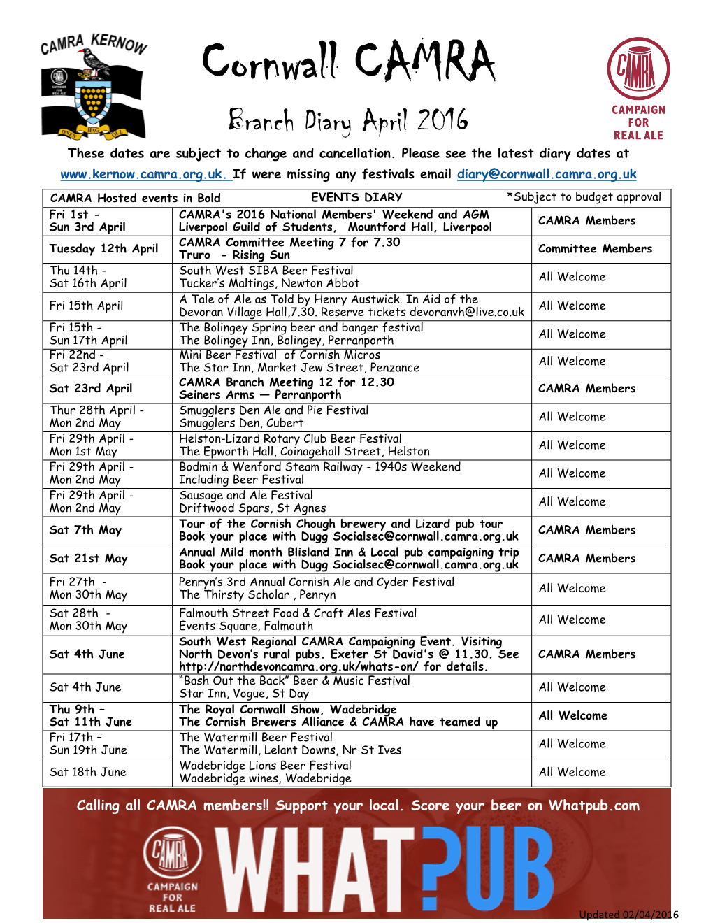 Branch Diary April 2016 These Dates Are Subject to Change and Cancellation