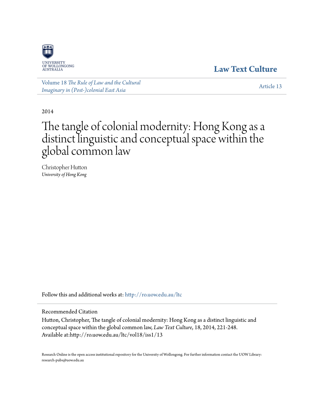 The Tangle of Colonial Modernity: Hong Kong As a Distinct Linguistic and Conceptual Space Within the Global Common Law