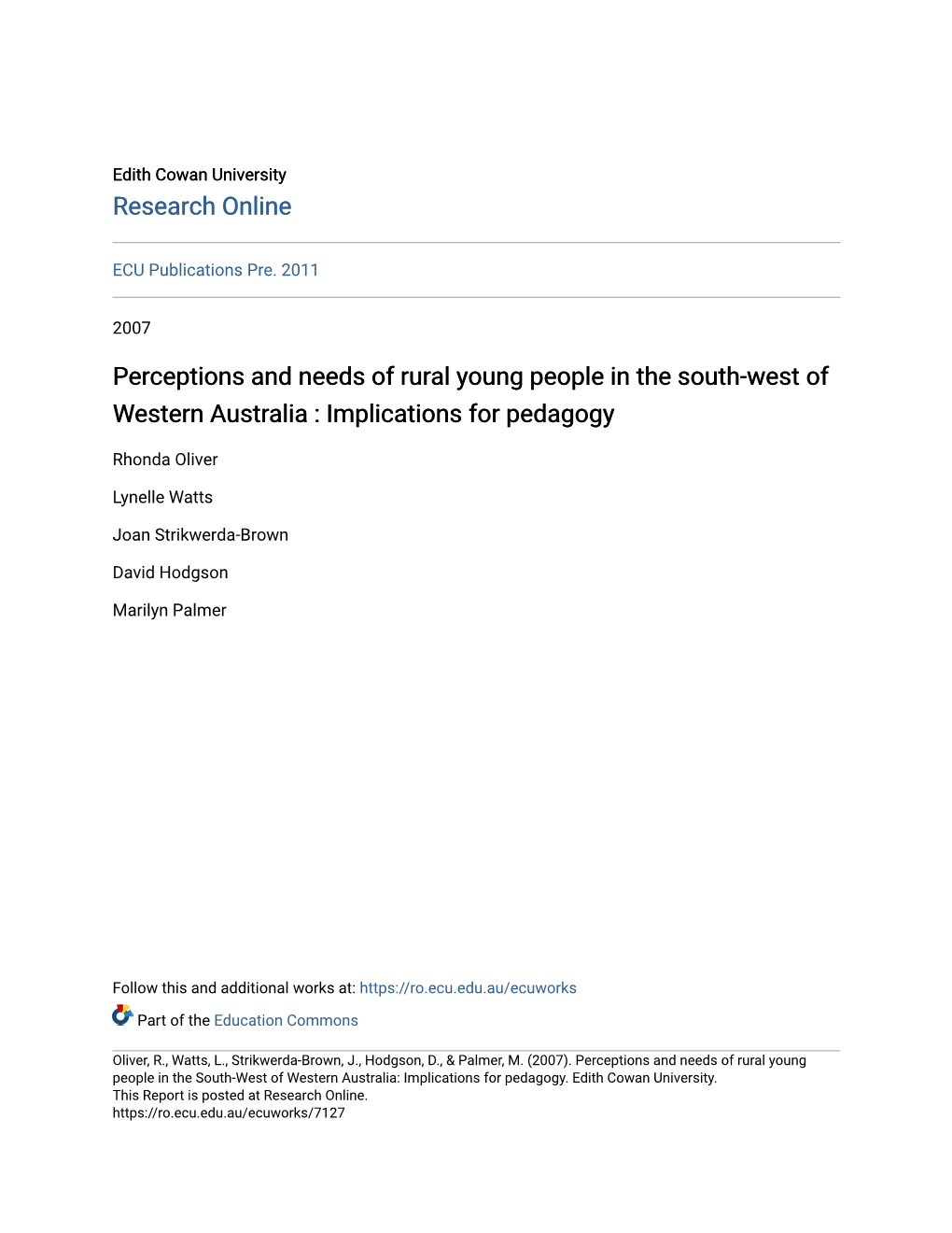 Perceptions and Needs of Rural Young People in the South-West of Western Australia : Implications for Pedagogy