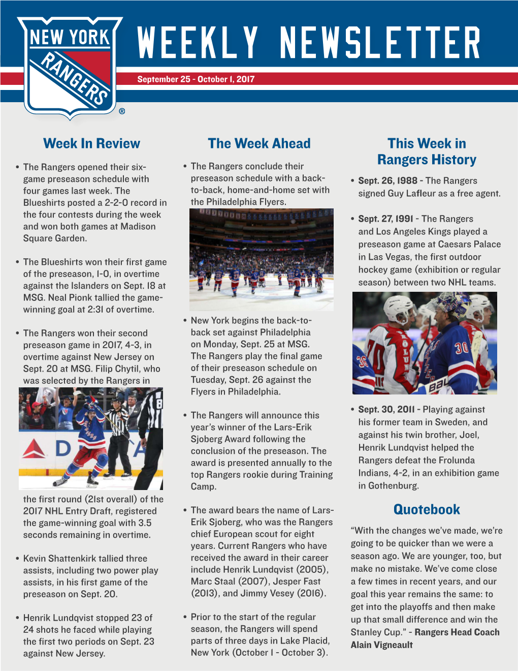 Week in Review the Week Ahead This Week in Rangers History