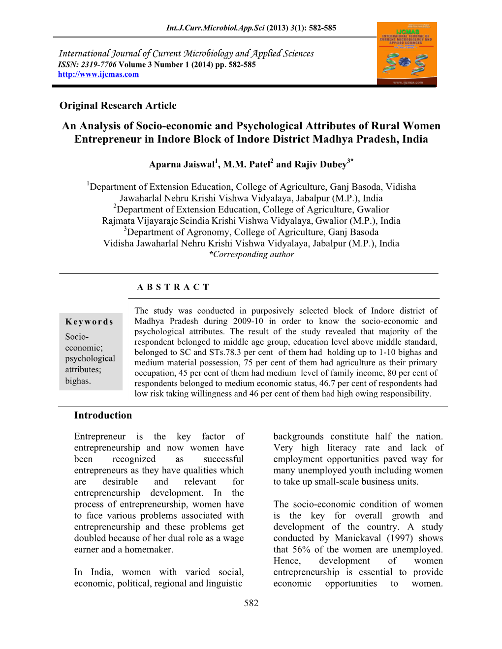 An Analysis of Socio-Economic and Psychological Attributes of Rural Women Entrepreneur in Indore Block of Indore District Madhya Pradesh, India