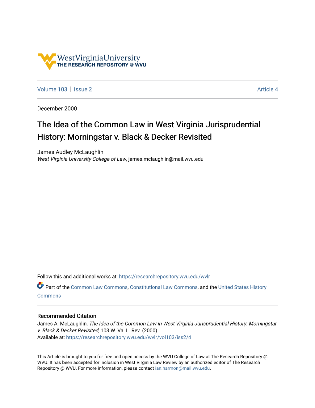 The Idea of the Common Law in West Virginia Jurisprudential History: Morningstar V