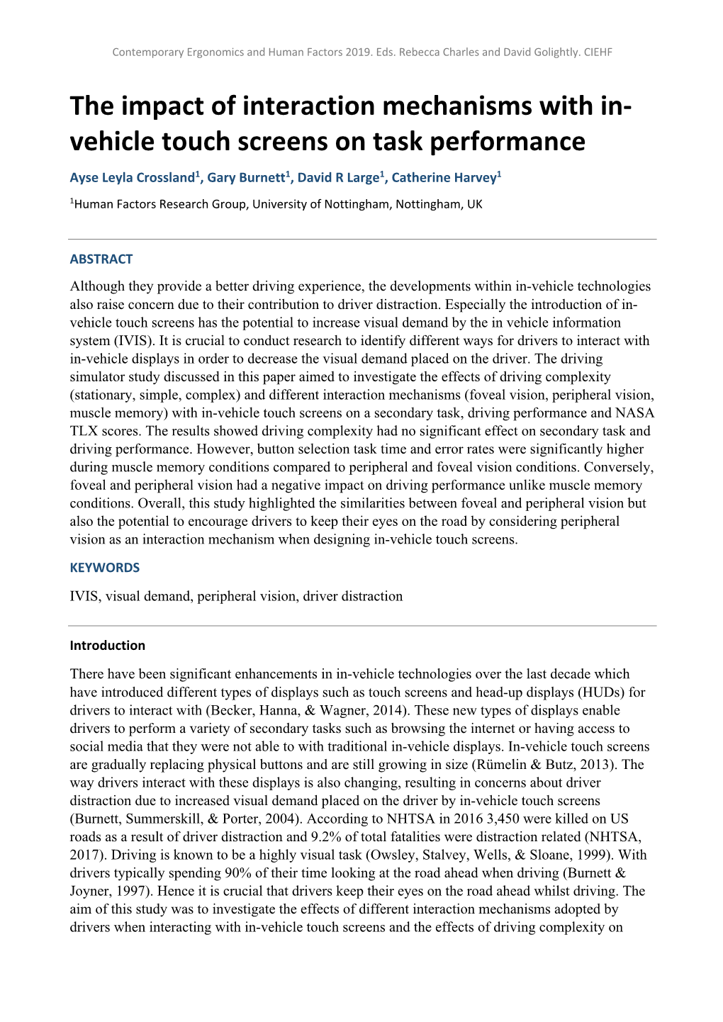 The Impact of Interaction Mechanisms with In- Vehicle Touch Screens On