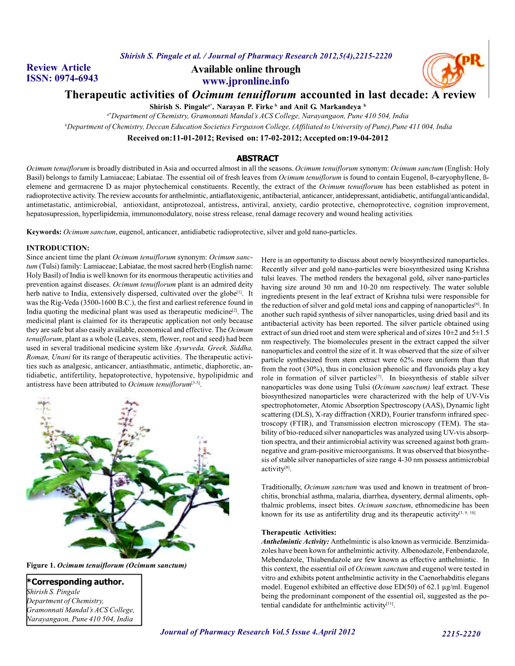 Ocimum Tenuiflorum Accounted in Last Decade: a Review Shirish S