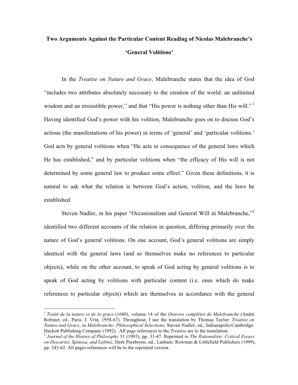 Two Arguments Against the Particular Content Reading of Nicolas Malebranche's 'General Volitions' in the Treatise on Natur